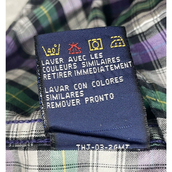 Vintage Tommy Jeans Shirt Mens Large Purple Green Tartan Plaid Button Down Logo - Picture 9 of 12